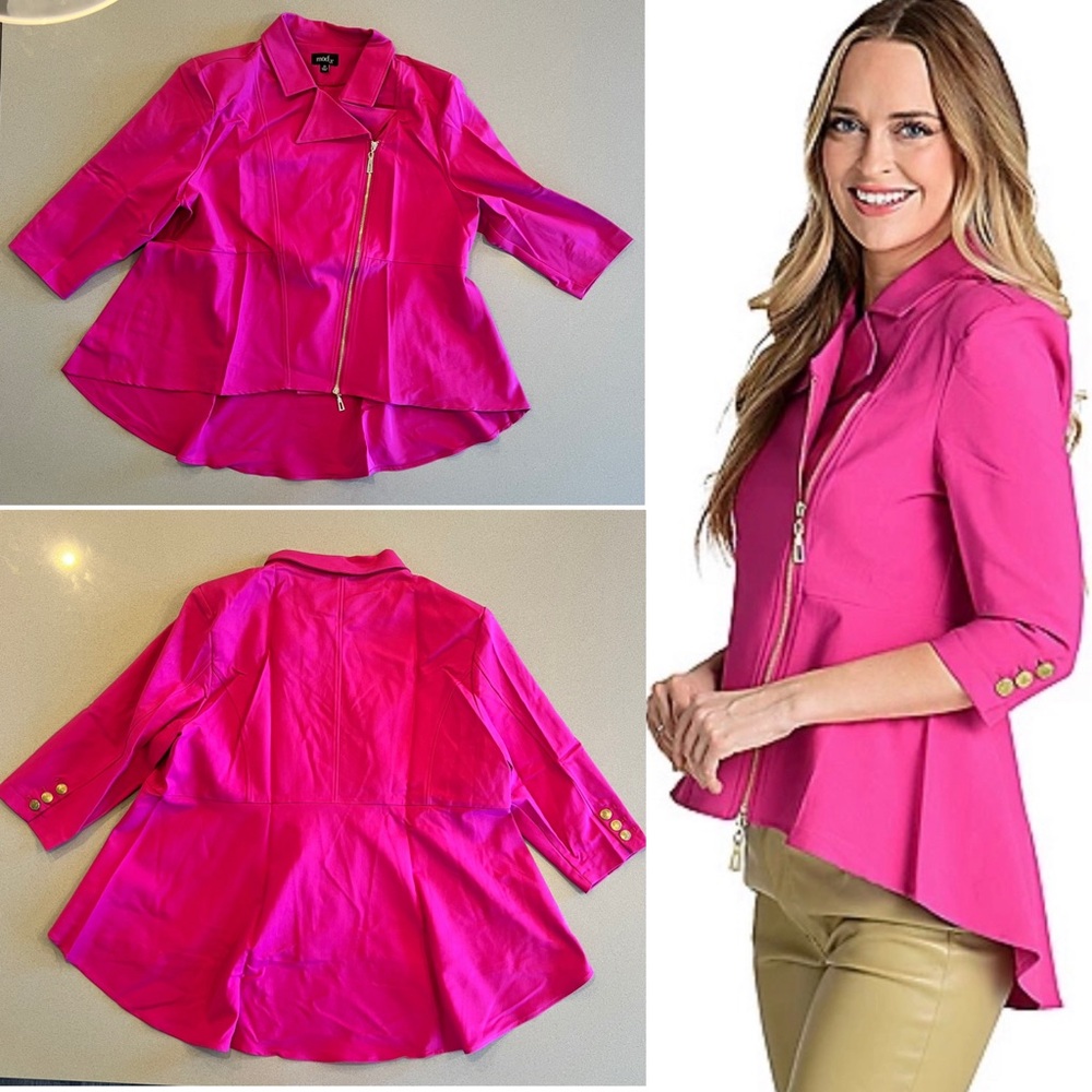 Asymmetrical Peplum Moto Jacket Stretch Woven Fuchsia SZ 2X New Out of Package